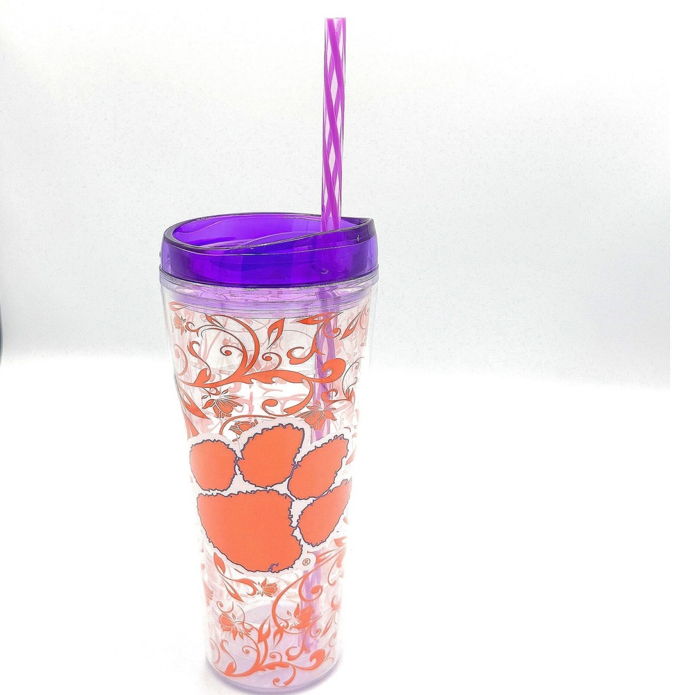 Clemson Tigers Paw 22 oz Tumbler Travel Cup Straw Purple Orange